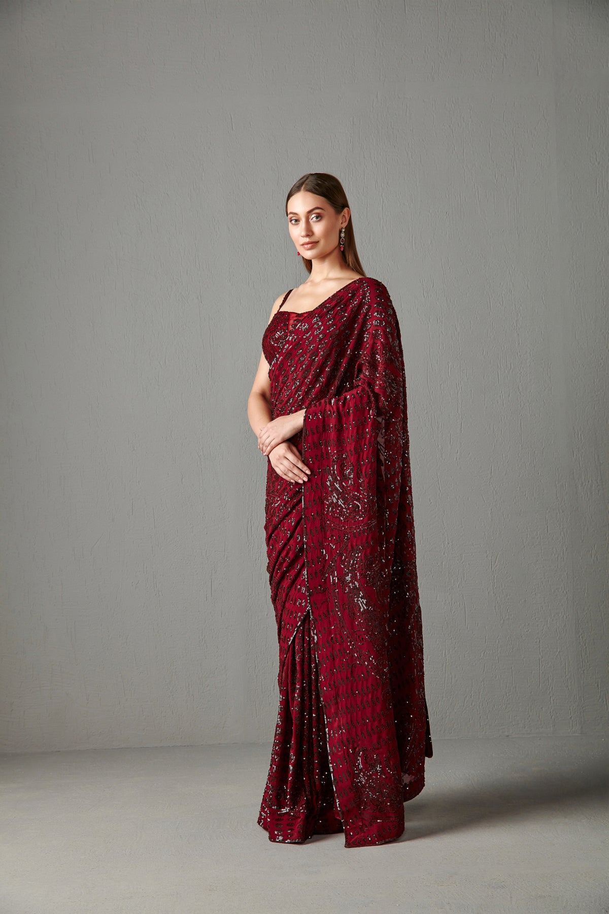 Ox Blood Sequins Embroidered Saree Set