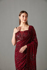 Ox Blood Sequins Embroidered Saree Set