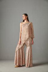 Beige Printed Cape & Gharara Set