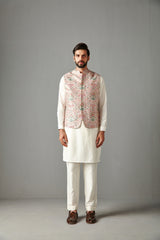 Blush Pink Raw Silk Bundi Jacket With Kurta Set