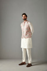 Blush Pink Raw Silk Bundi Jacket With Kurta Set
