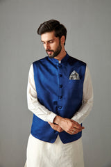 Royal Blue Bundi Jacket With Kurta Set