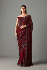 Ox Blood Embellished Saree Set
