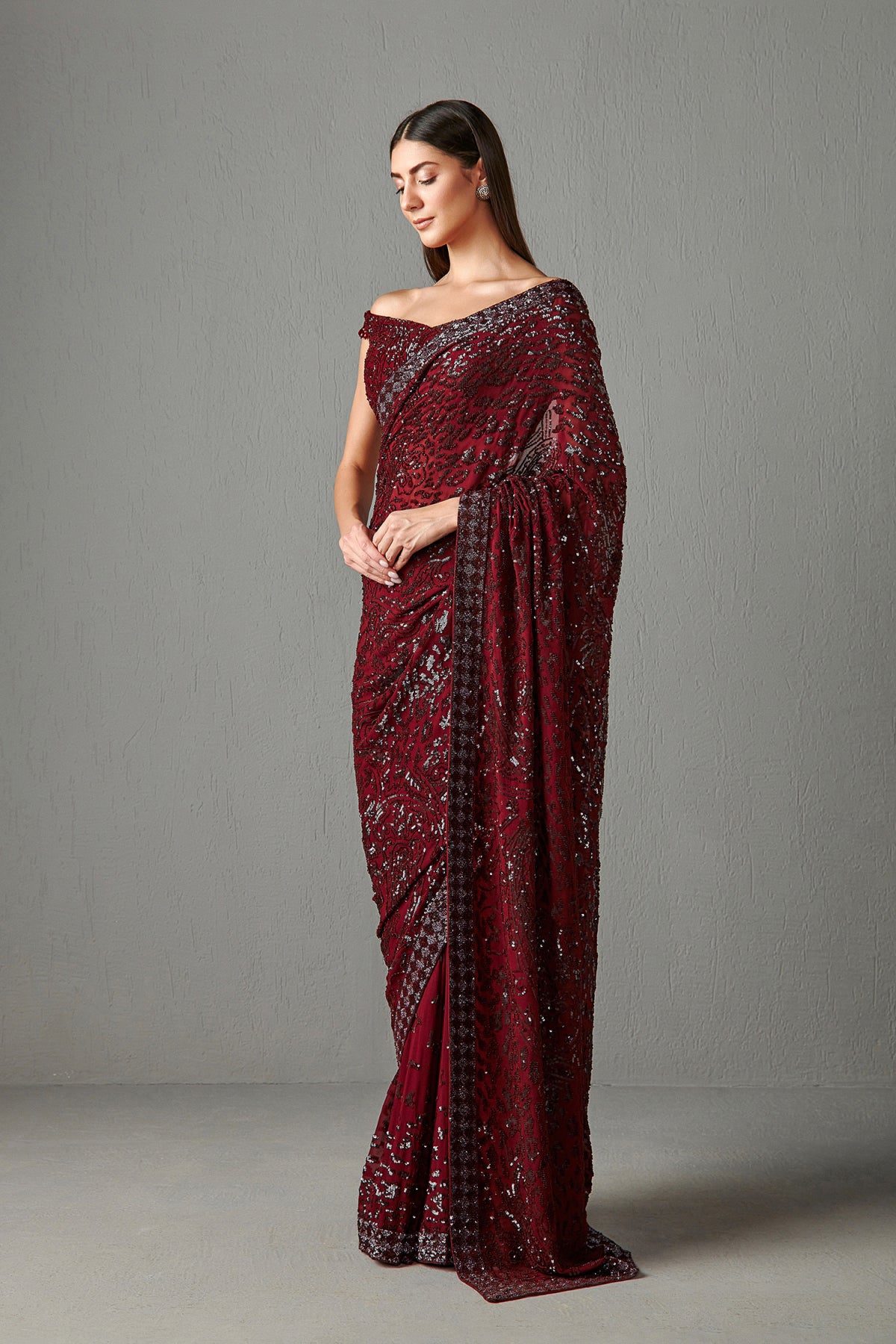 Ox Blood Embellished Saree Set