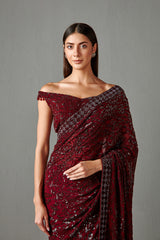 Ox Blood Embellished Saree Set