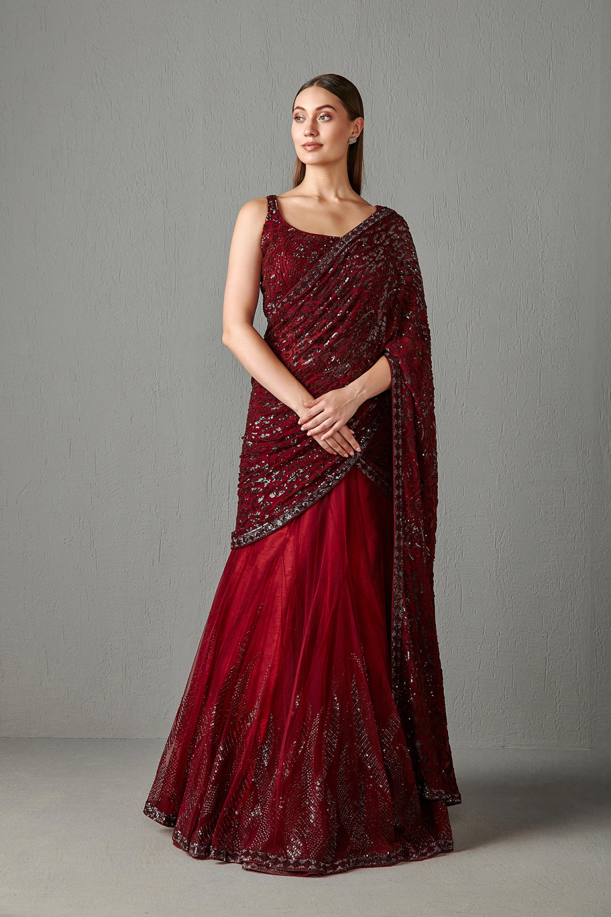 Ox Blood Lehenga Saree Set