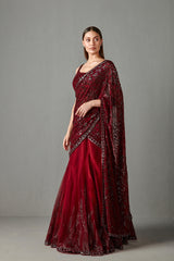 Ox Blood Lehenga Saree Set