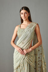 Deep Sage Green Embellished Saree Set