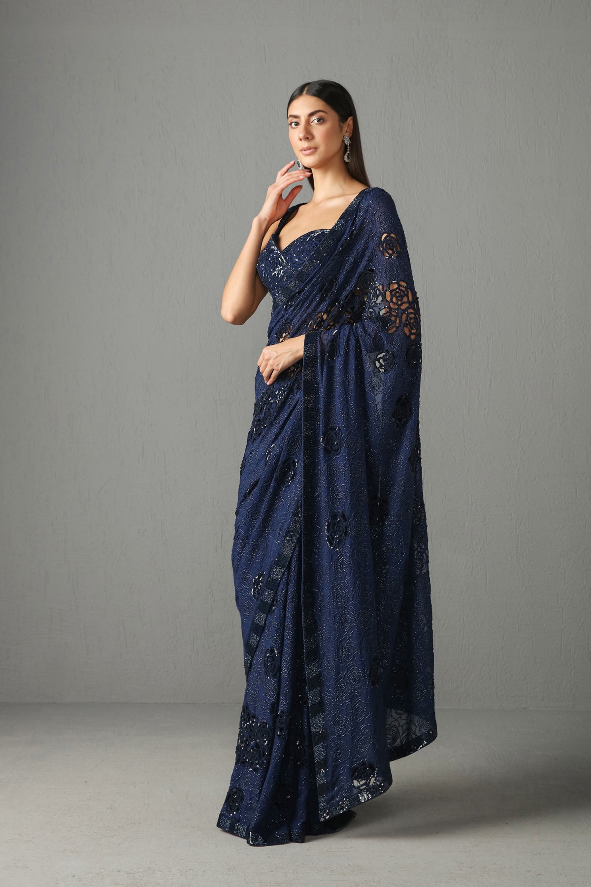 Blue Embellished Saree Set