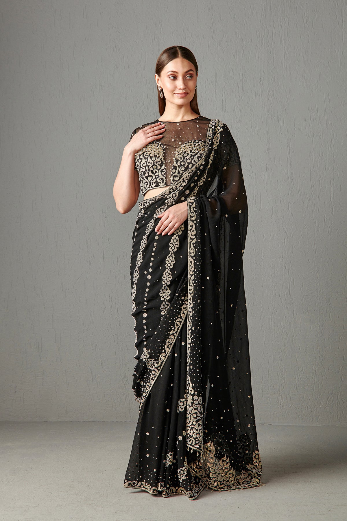 Black Embellished Saree Set