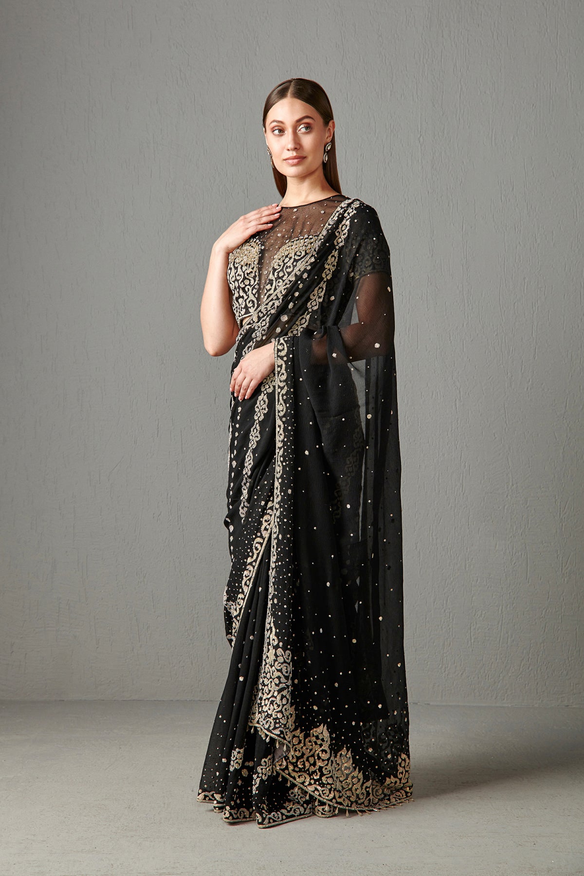 Black Embellished Saree Set