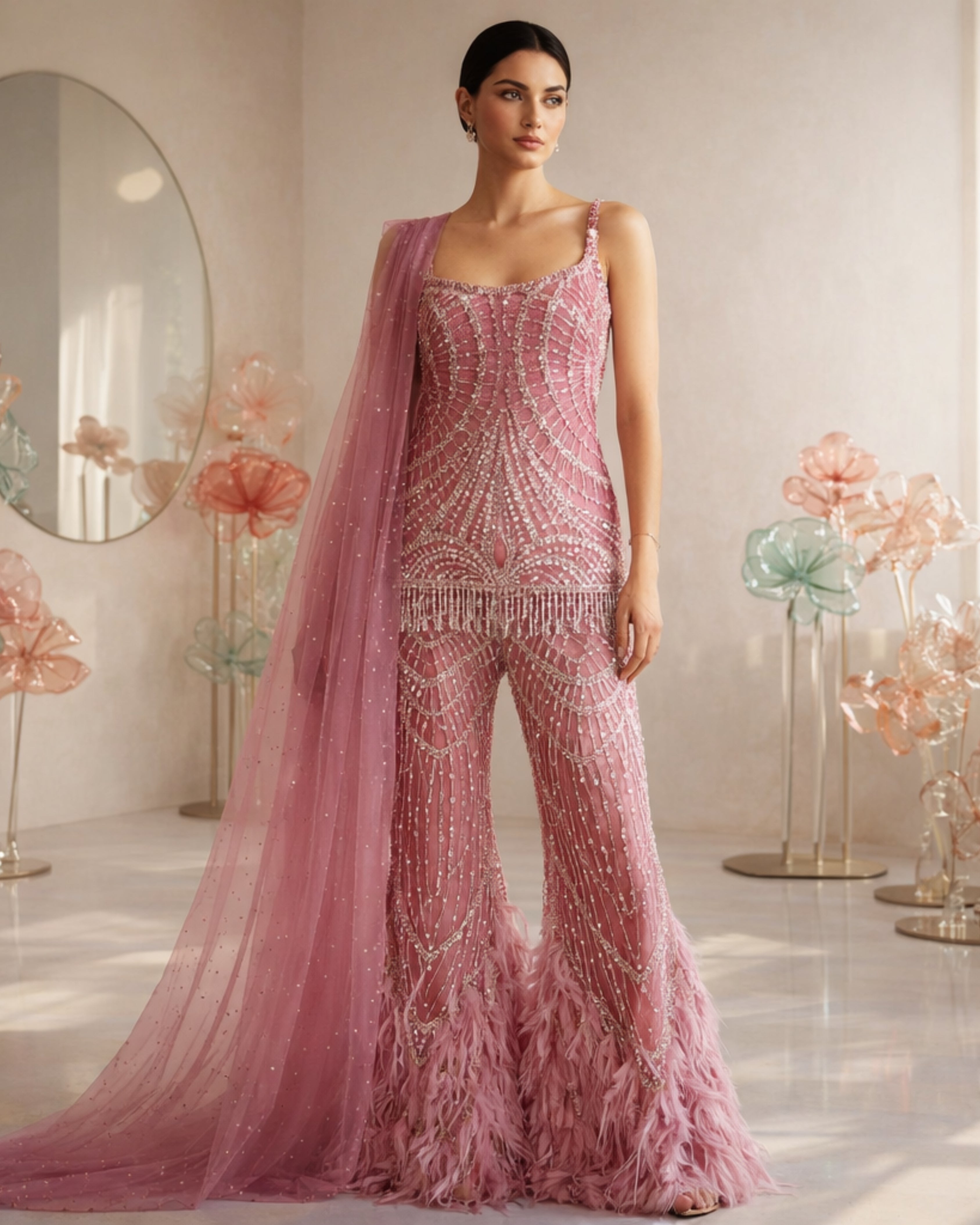 ONION PINK SHORT KURTI  FEATHER PALAZZO SET