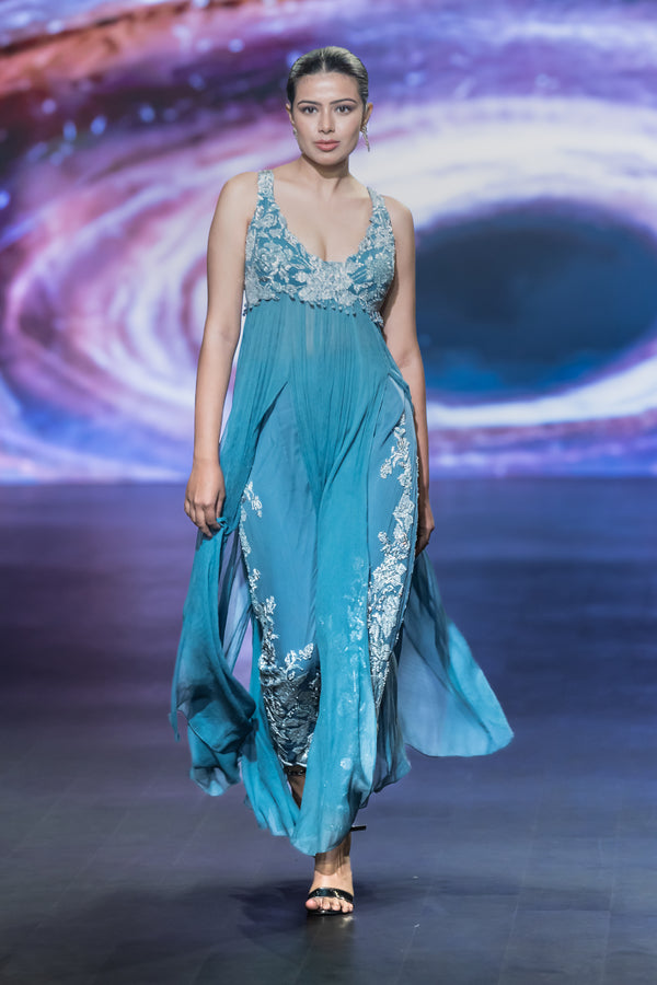 TEAL BLUE GOWN WITH EMB PANT
