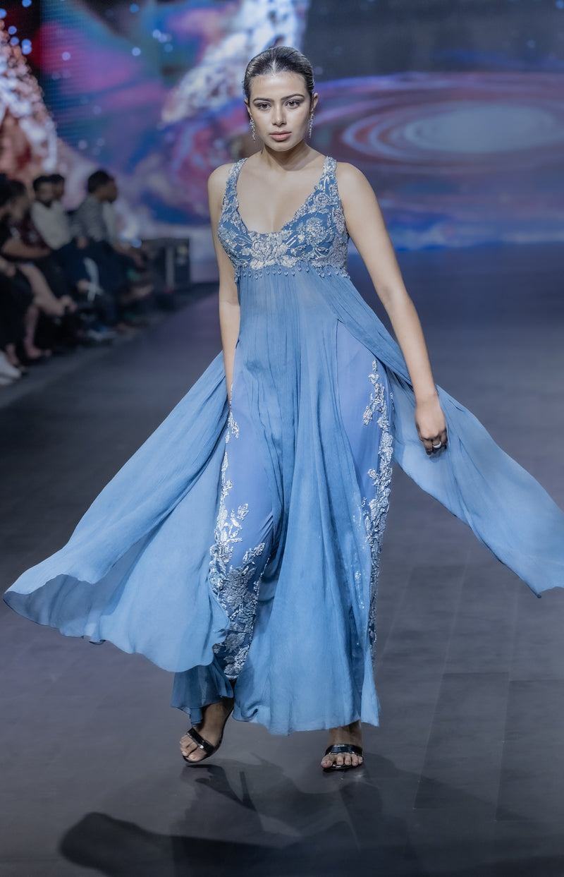 TEAL BLUE GOWN WITH EMB PANT