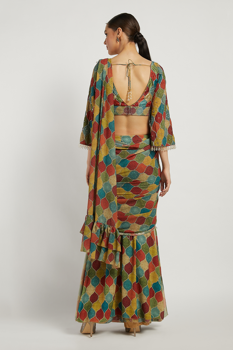 Multi Colored Printed Draped Sairaa Saree - Sale