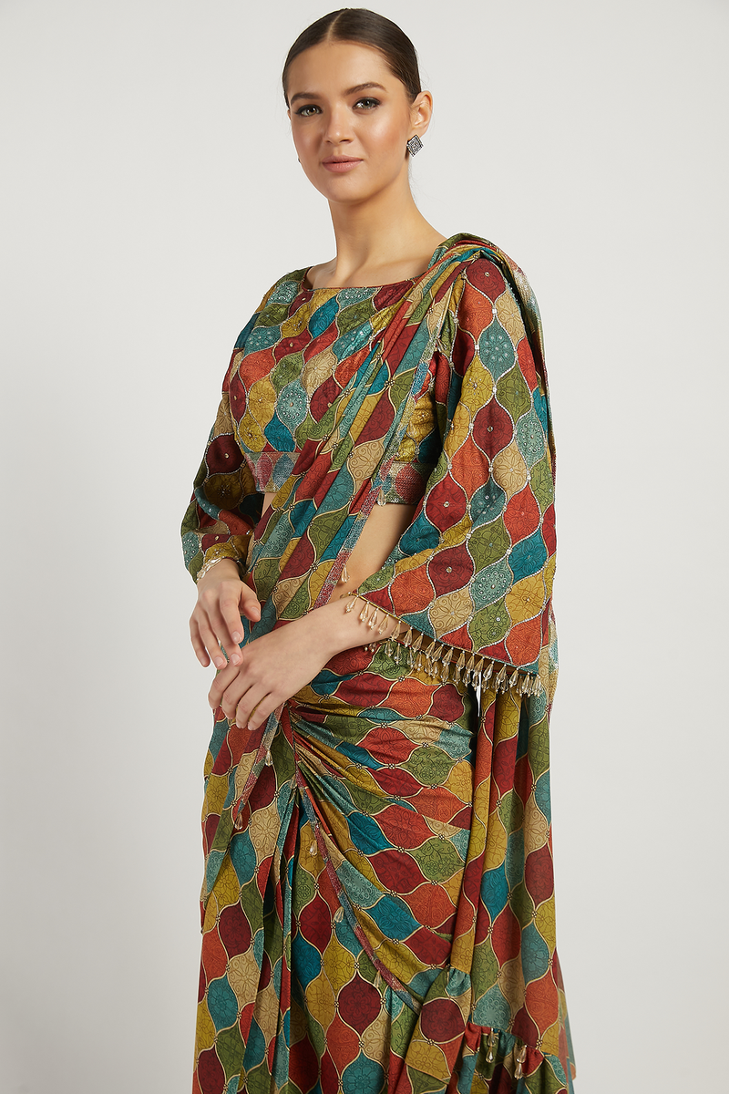 Multi Colored Printed Draped Sairaa Saree - Sale