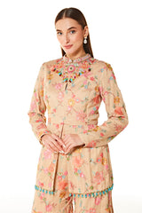Beige Dalia Blossom Embroidered Peplum And Sharara Set - Sale