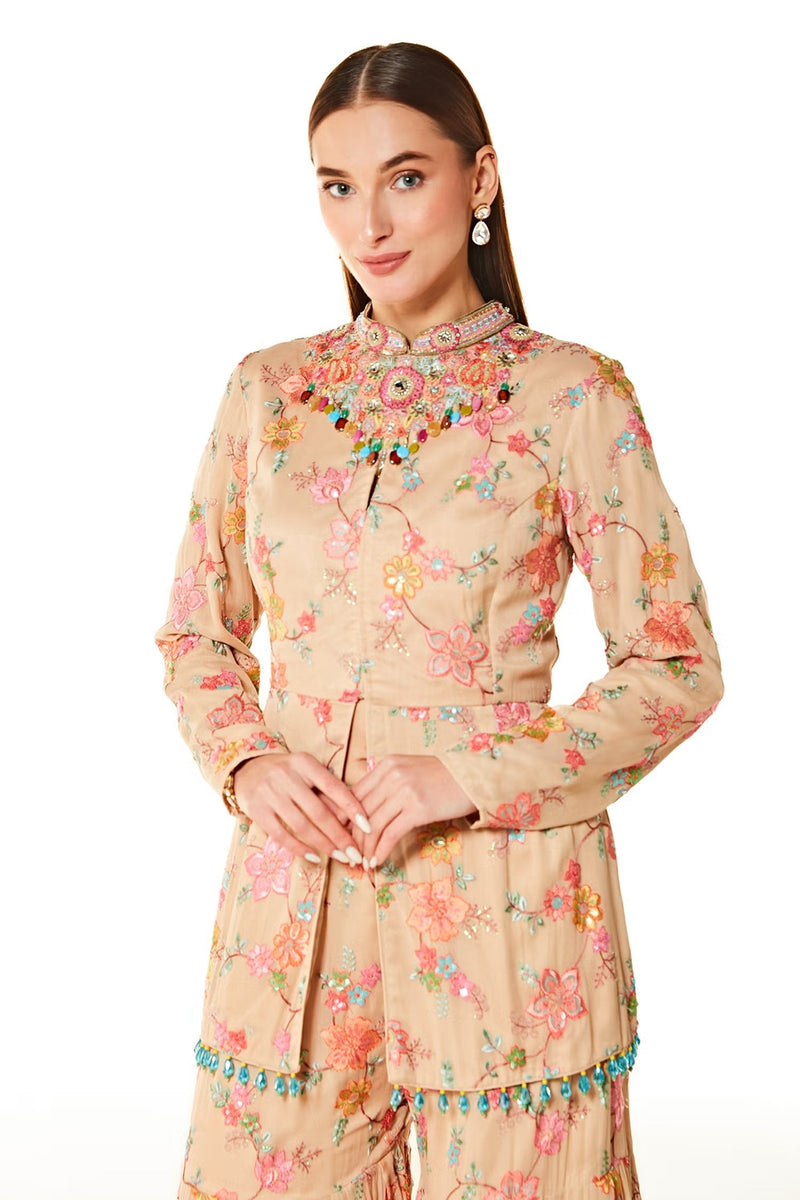 Beige Dalia Blossom Embroidered Peplum And Sharara Set - Sale