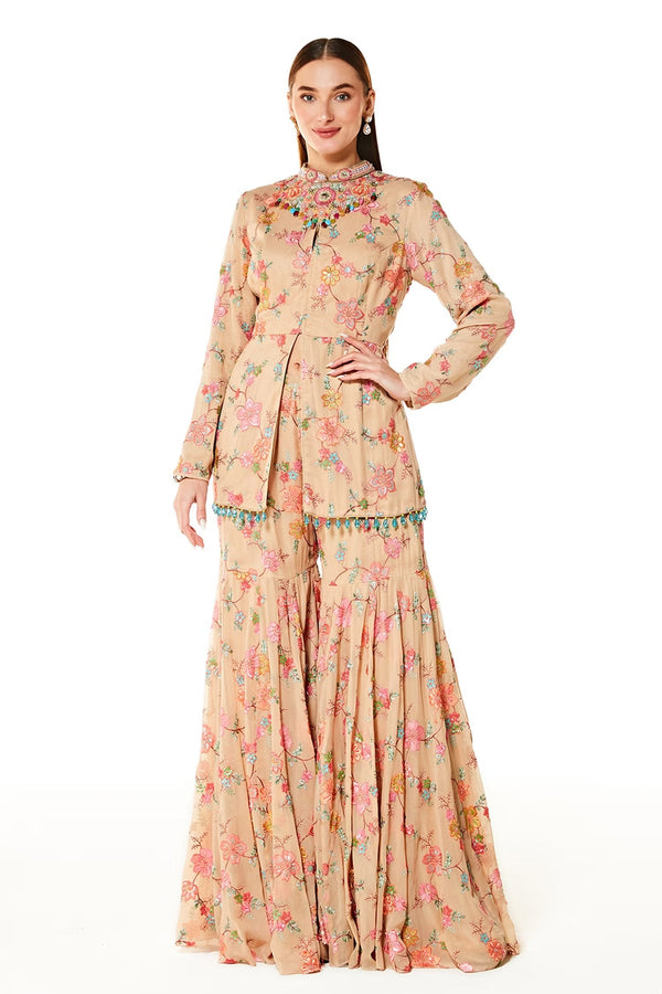 Beige Dalia Blossom Embroidered Peplum And Sharara Set - Sale