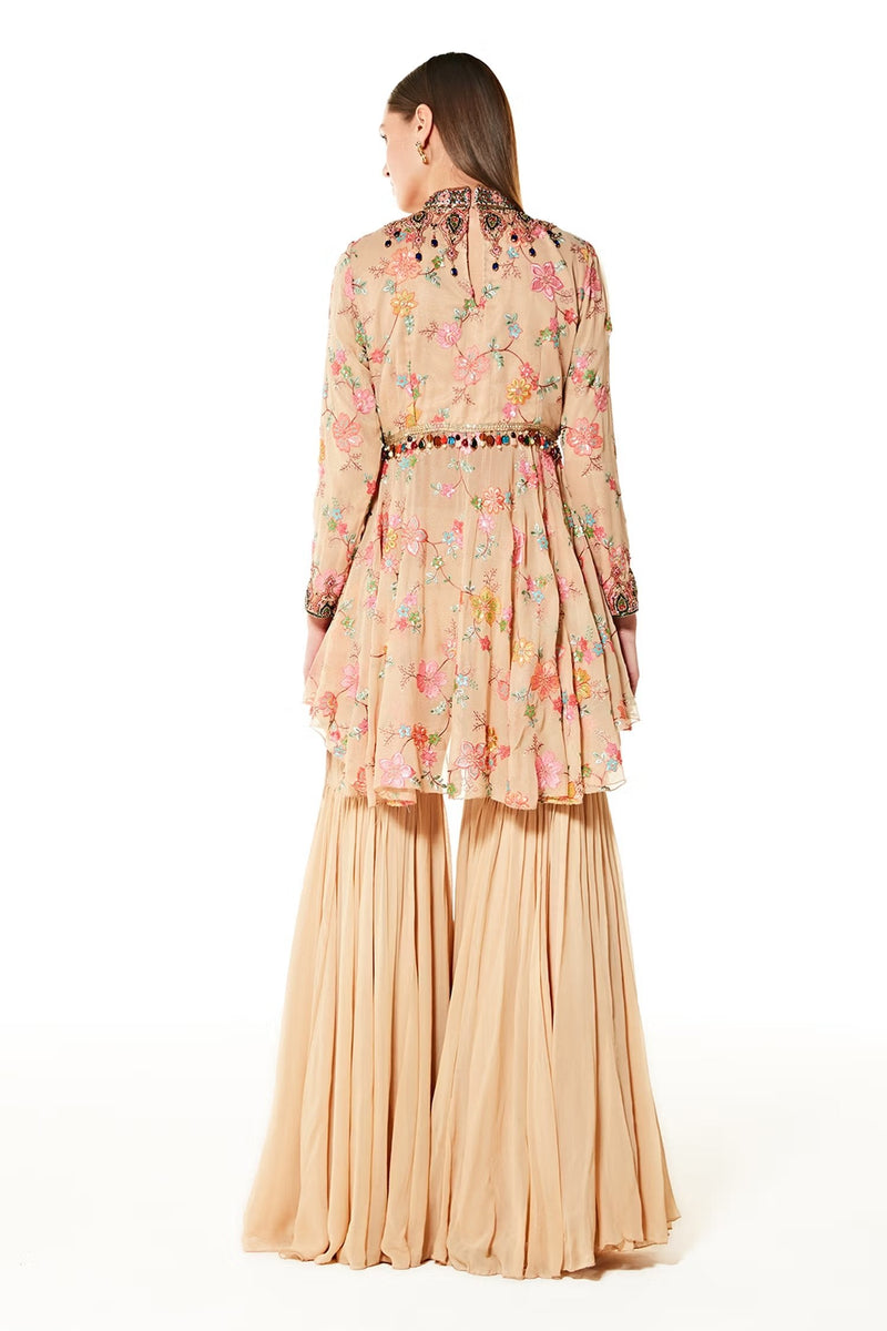 Beige Dalia Stone Peplum And Sharara Set - Sale