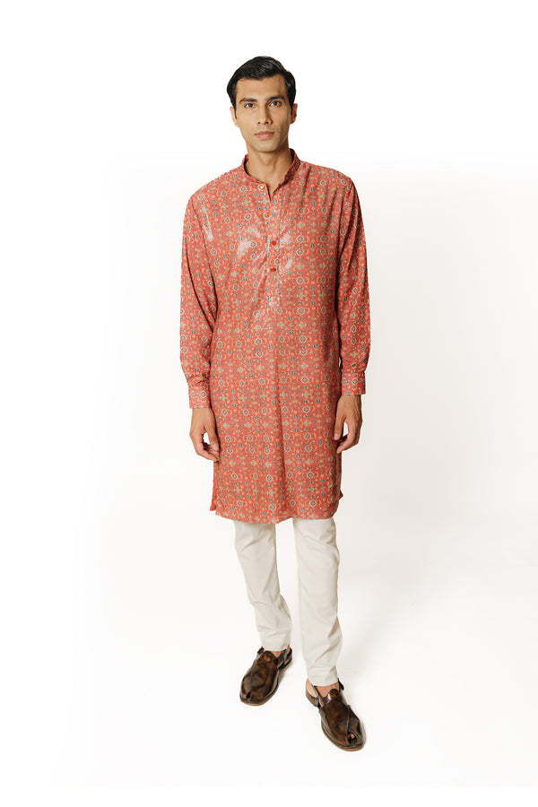 RED PRINTED KURTA WITH PANTS