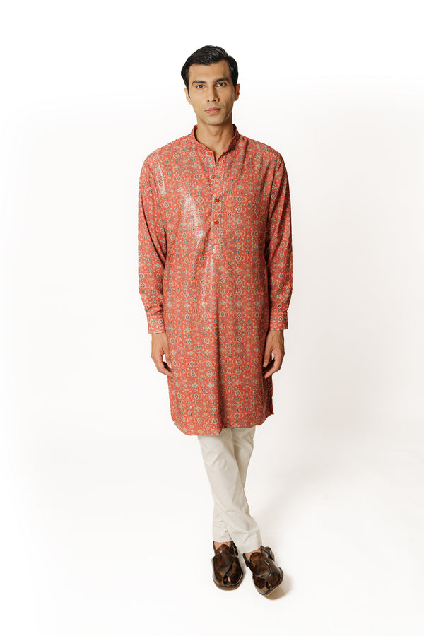 RED PRINTED KURTA WITH PANTS