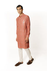 RED PRINTED KURTA WITH PANTS