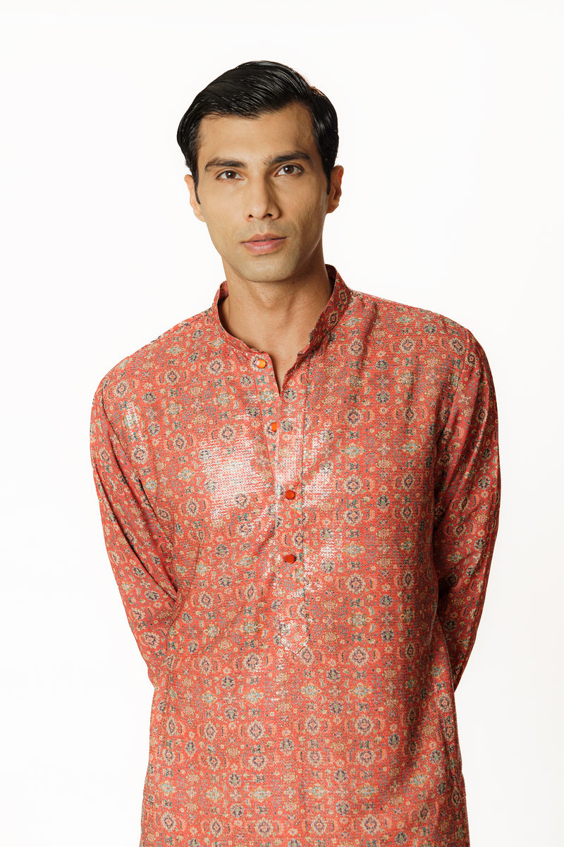 RED PRINTED KURTA WITH PANTS