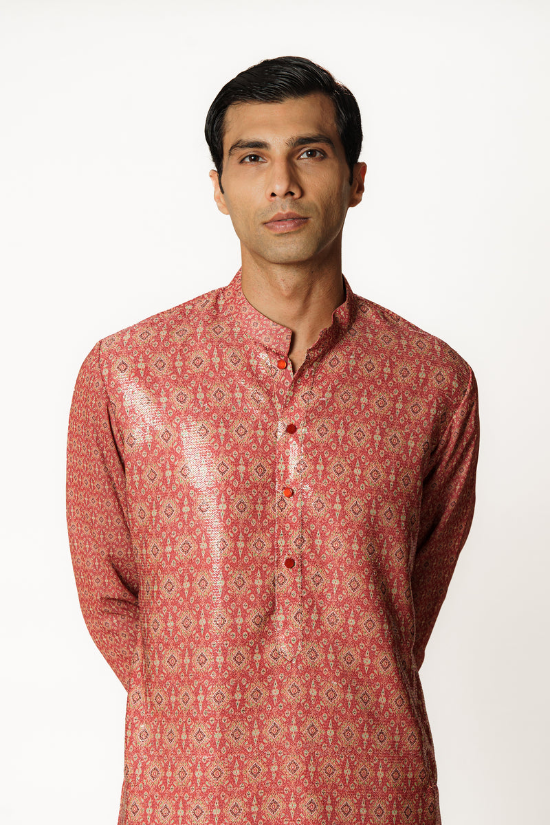 RED PRINTED KURTA SET