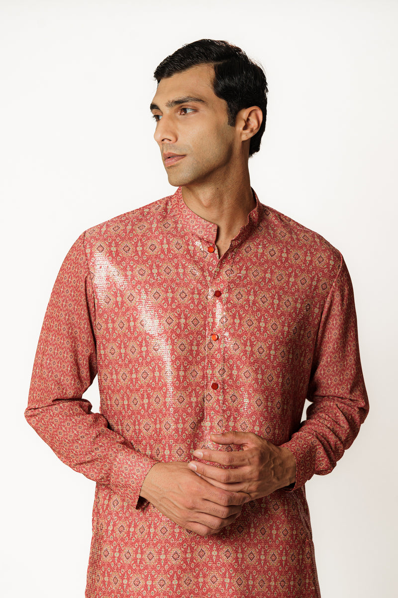 RED PRINTED KURTA SET