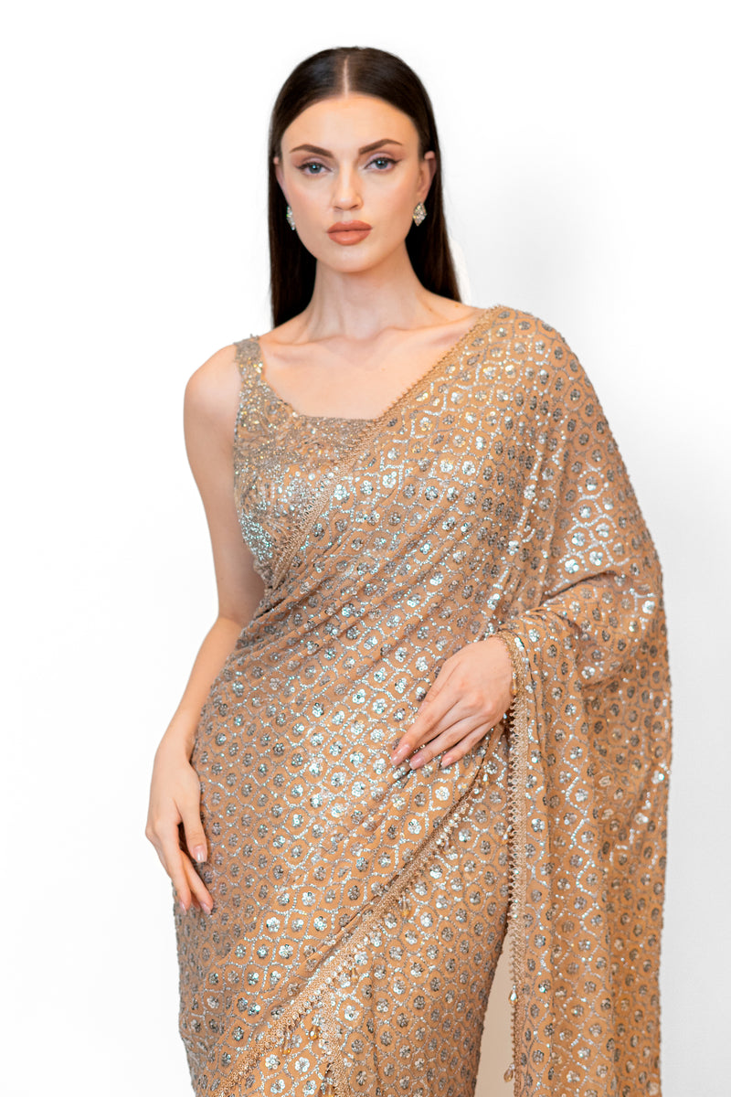 Gold Sequin Embroidered Georgette SAIRAA SARI SET