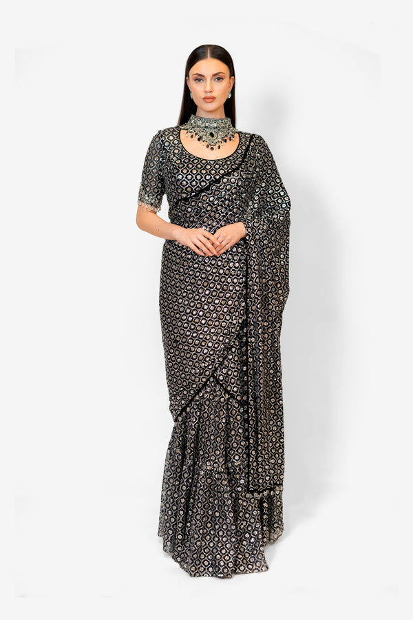 Black Sequined Jaal Stitch Georgette SAIRAA SARI SET
