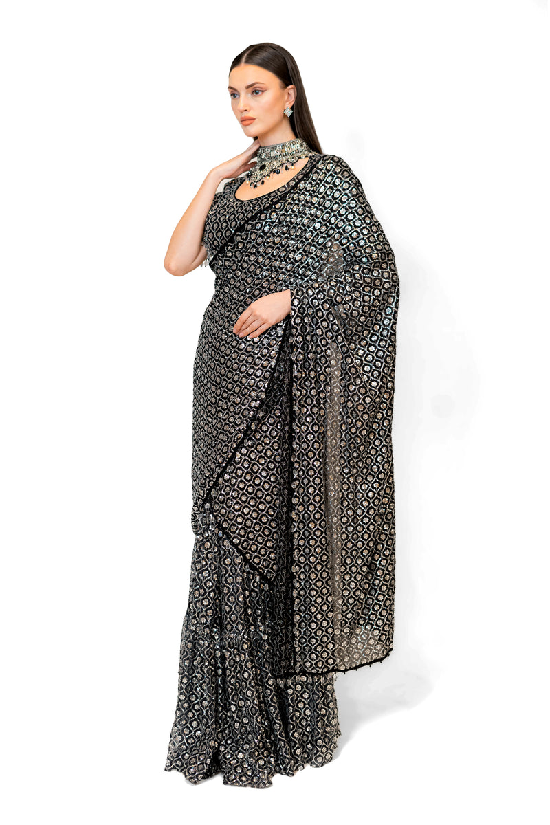 Black Sequined Jaal Stitch Georgette SAIRAA SARI SET