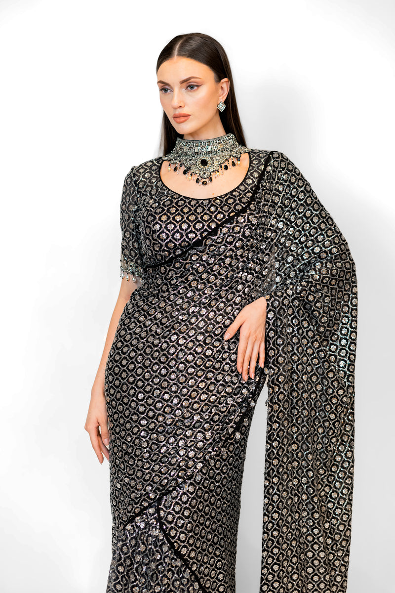 Black Sequined Jaal Stitch Georgette SAIRAA SARI SET