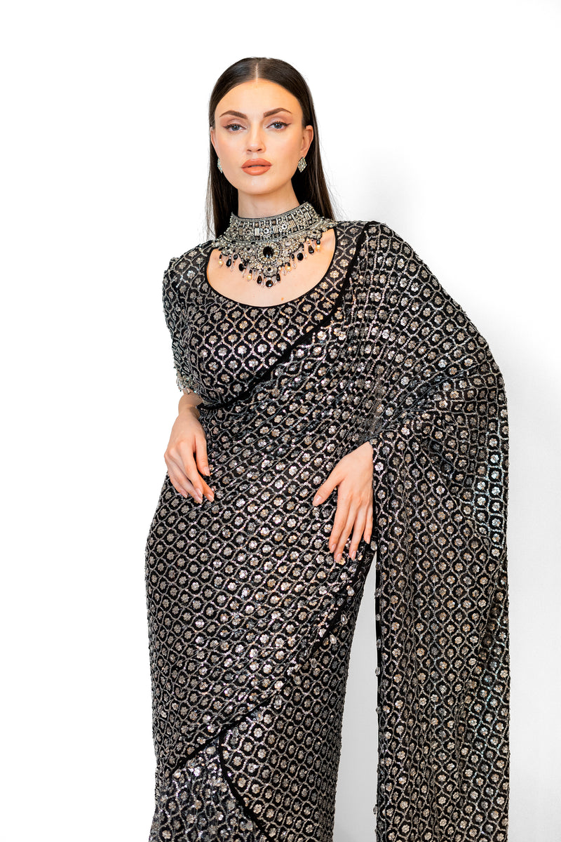 Black Sequined Jaal Stitch Georgette SAIRAA SARI SET