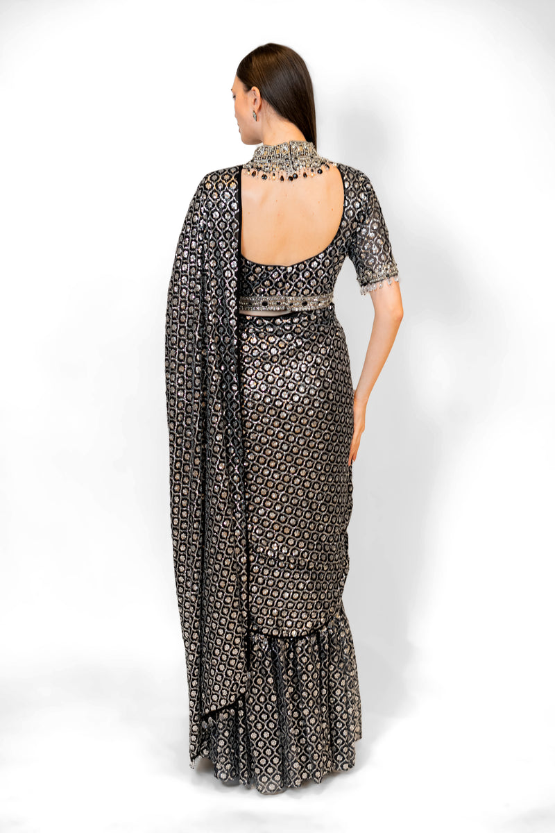 Black Sequined Jaal Stitch Georgette SAIRAA SARI SET