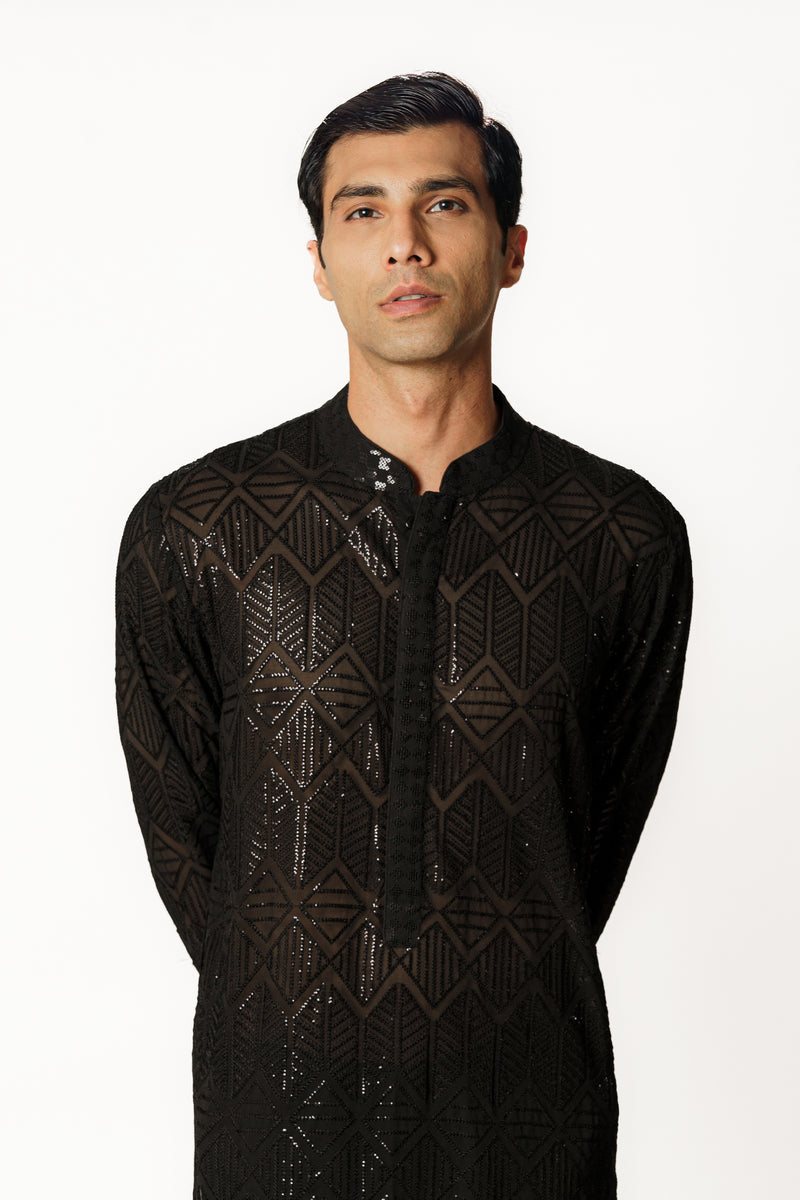 BLACK FULLY SEQUINS JAAL KURTA SET
