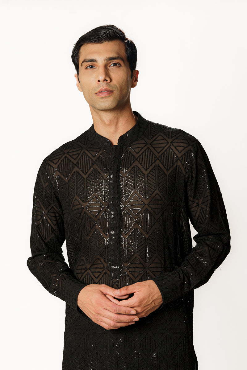 BLACK FULLY SEQUINS JAAL KURTA SET