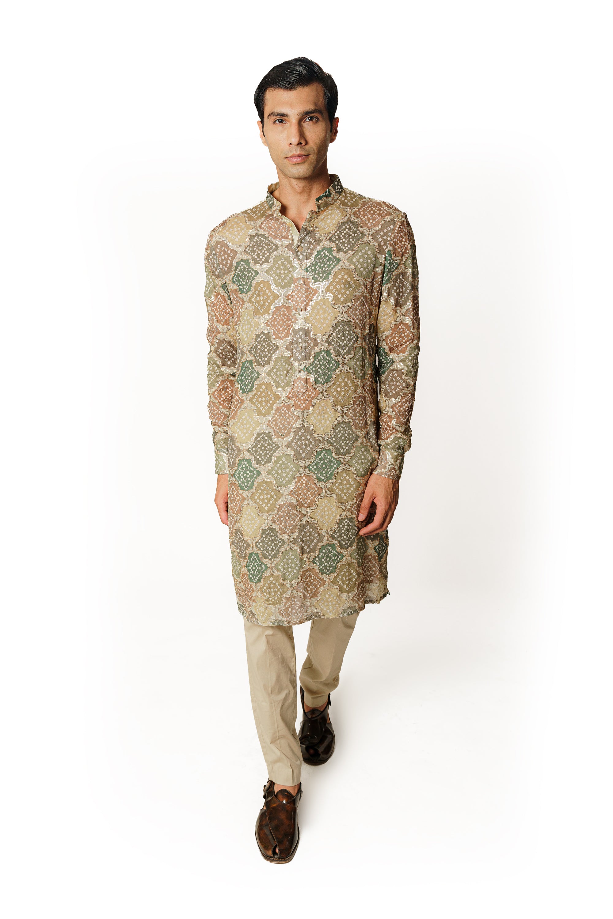 GREEN MULTICOLOR BANDHANI KURTA WITH PANTS