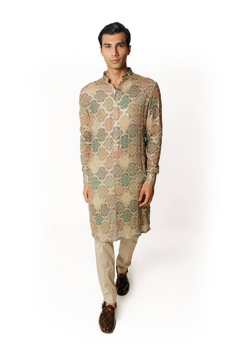 GREEN MULTICOLOR BANDHANI KURTA WITH PANTS