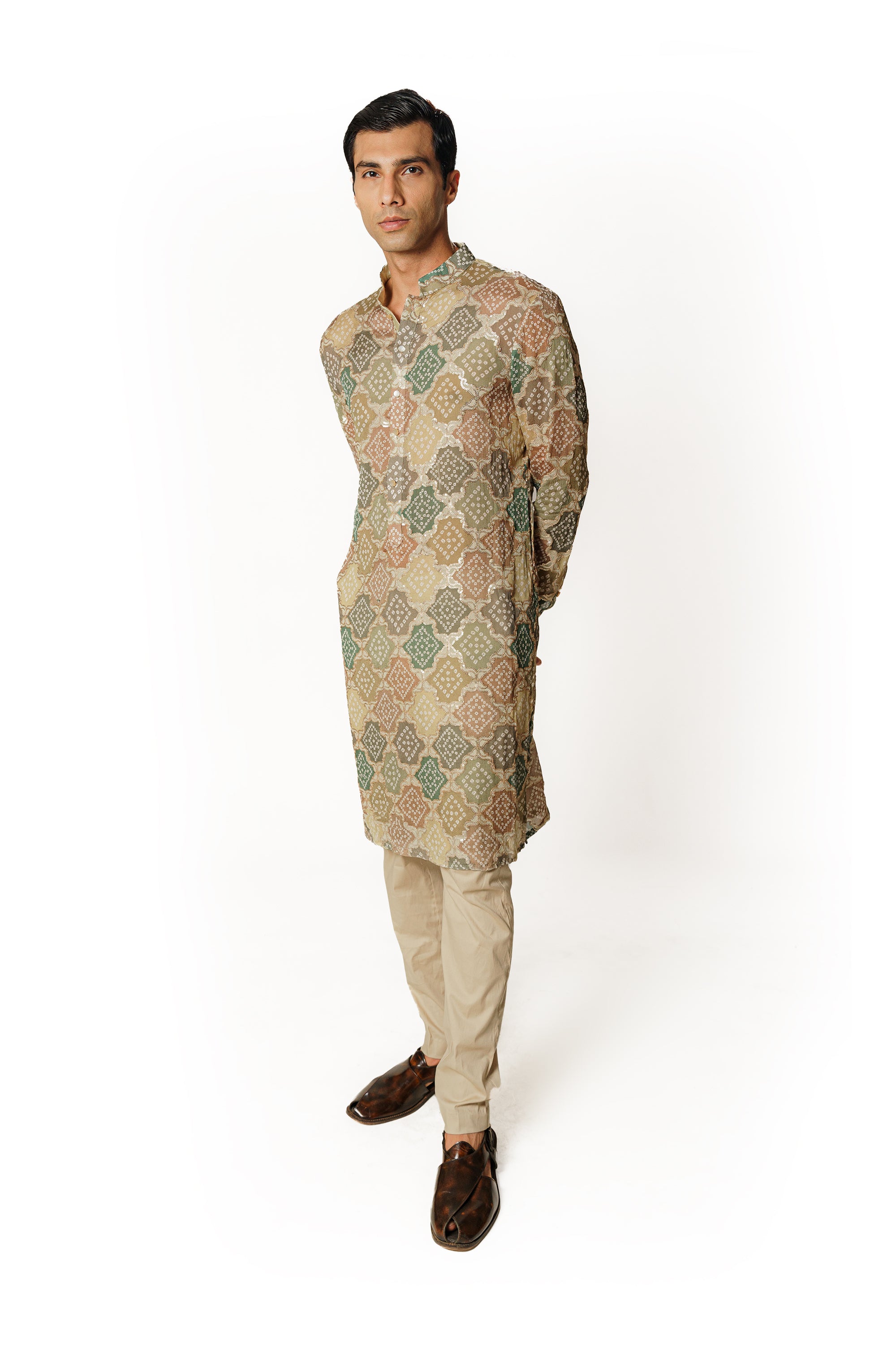 GREEN MULTICOLOR BANDHANI KURTA WITH PANTS