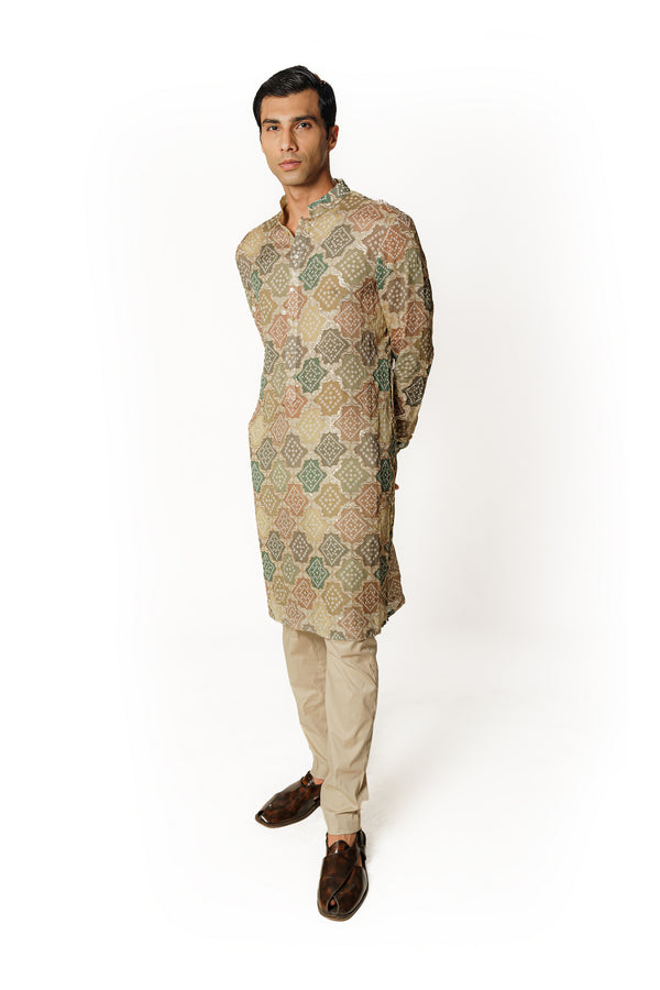 GREEN MULTICOLOR BANDHANI KURTA WITH PANTS