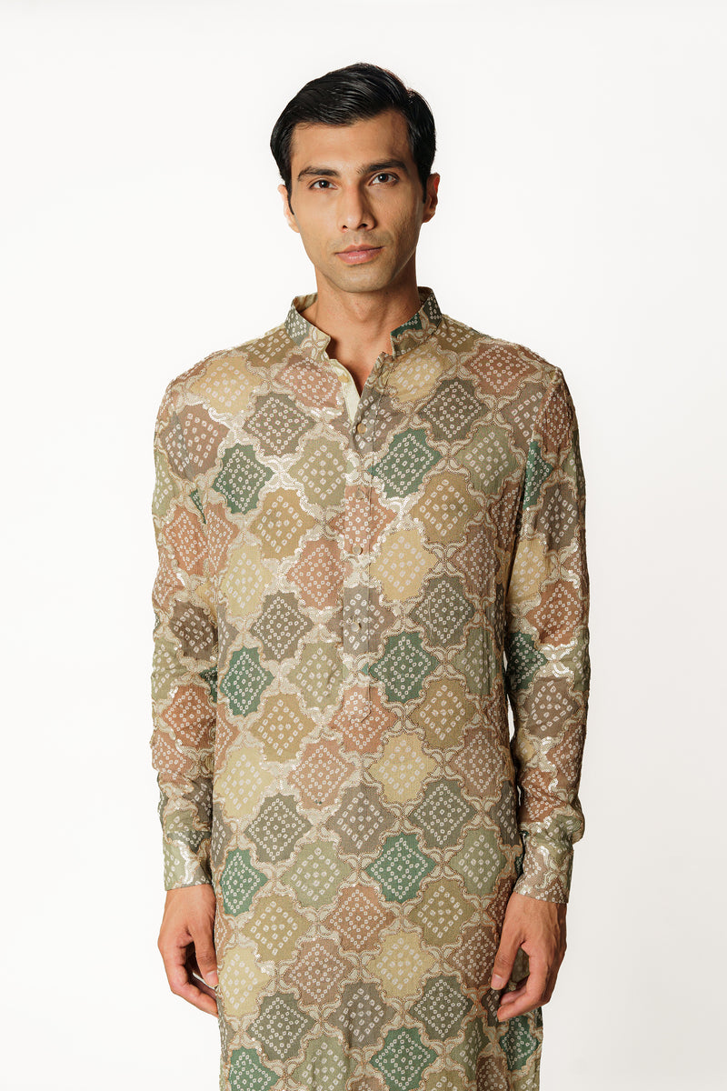 GREEN MULTICOLOR BANDHANI KURTA WITH PANTS