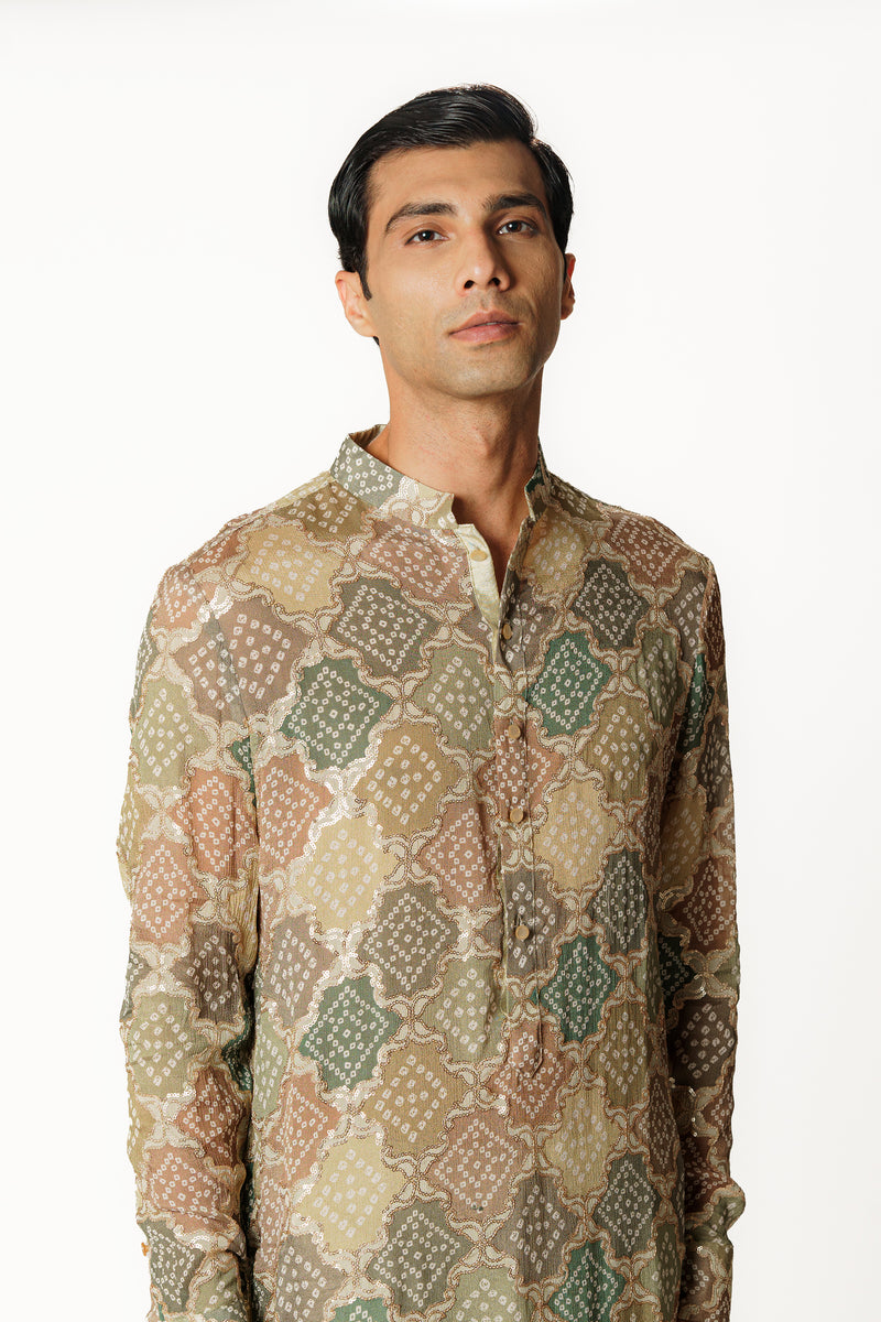 GREEN MULTICOLOR BANDHANI KURTA WITH PANTS