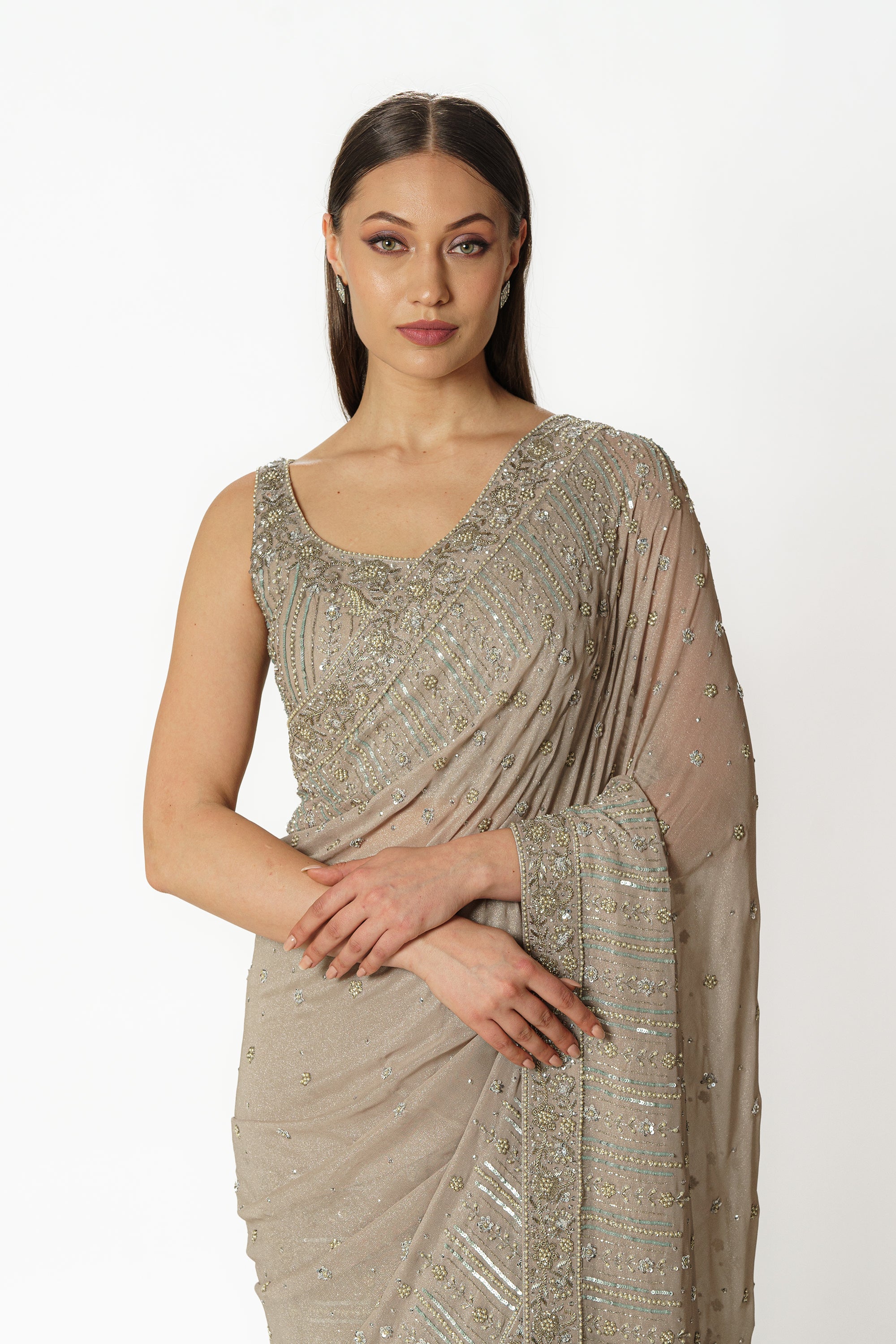 Zaynab silver grey shimmer sari set