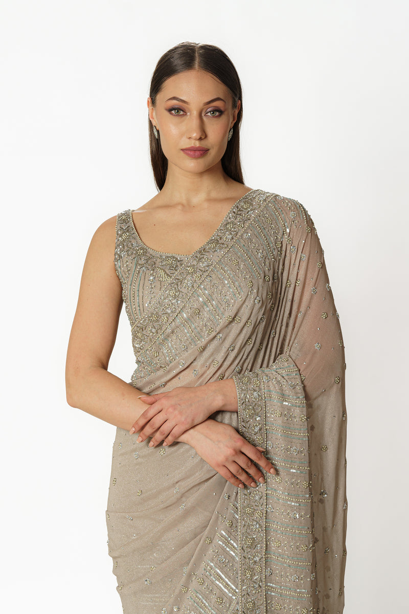 Zaynab silver grey shimmer sari set