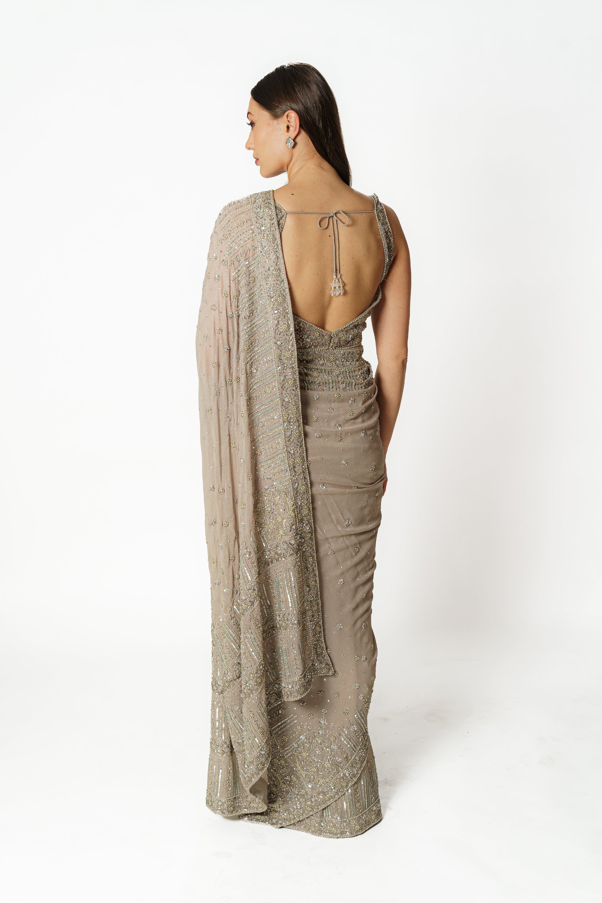 Zaynab silver grey shimmer sari set