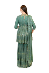 MOSS GREEN FRONT OPEN PEPLUM RRHEA KURTA SET