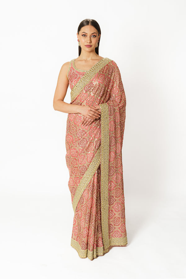 Zaynab pink hand embroidered bandhani sari set