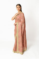 Zaynab pink hand embroidered bandhani sari set